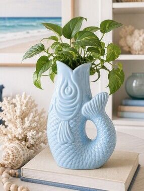 Flying Tiger Ceramic Fish Vase Light Blue Coastal Nautical Decor 8" Tall